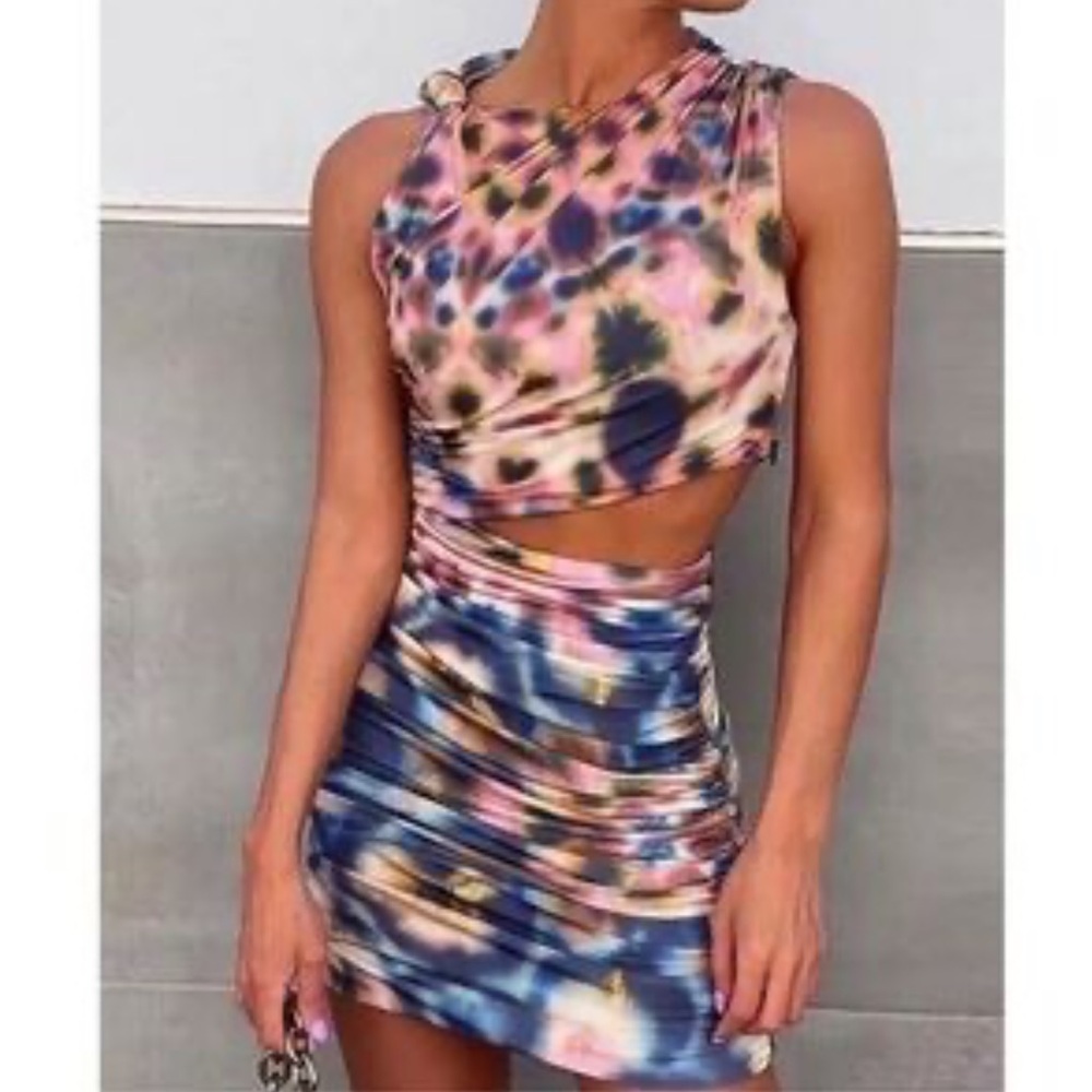 Zara Blue Red Tan Artsy Watercolor  Cutout Ruched Stretch Sexy Dress NWT Size XL